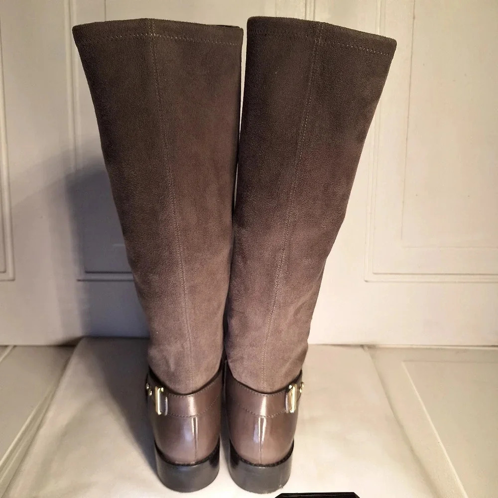 Cole Haan Adler Grey Riding Boot Leather/Suede With Gold Accent Buckle 6 1/2 - Picture 11 of 13